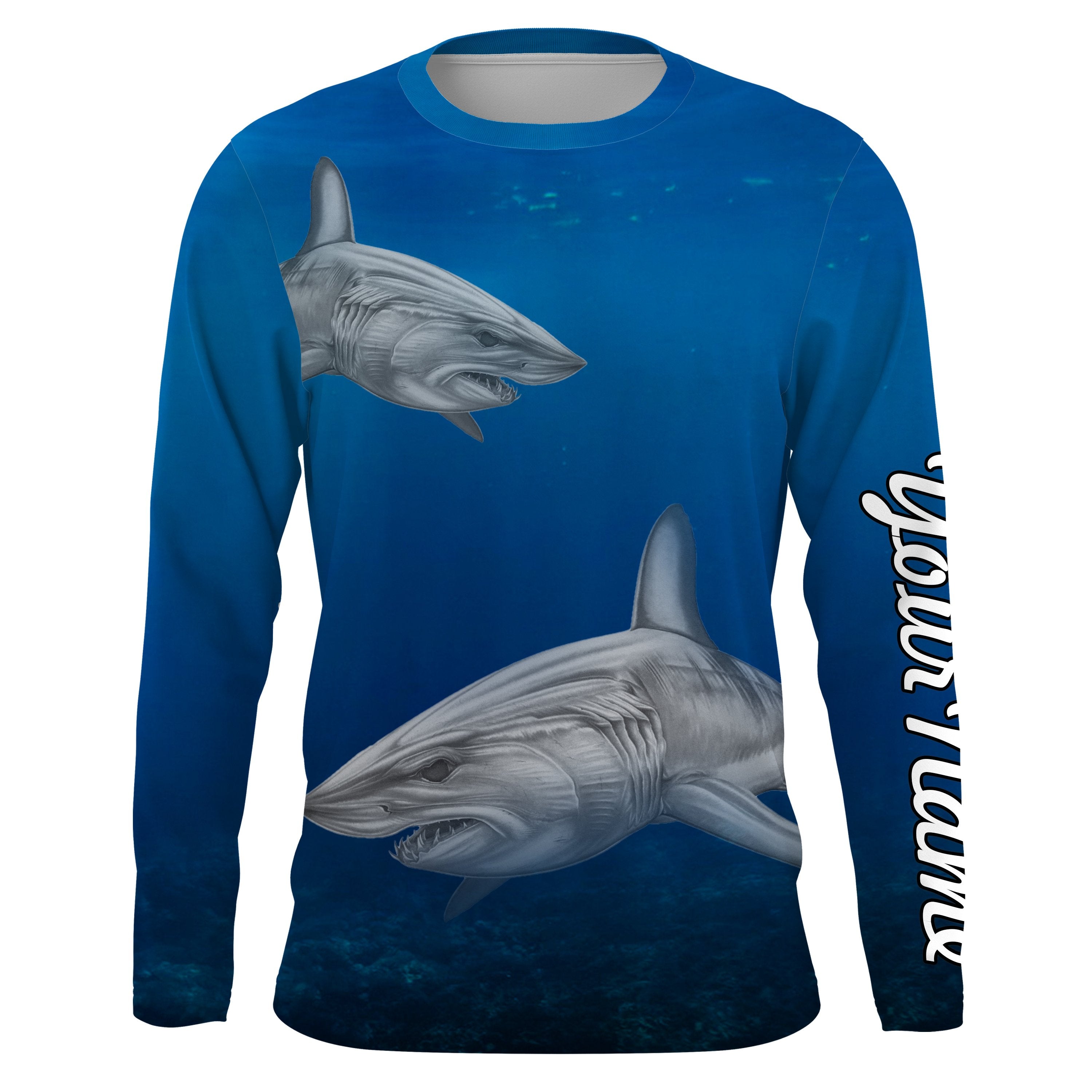 Shark Fishing Blue Ocean Water Camo Uv Protection Quick Dry Custom Name Long Sleeves Upf 30+ Fishing Shirt For Adult And Kid Nqs2653