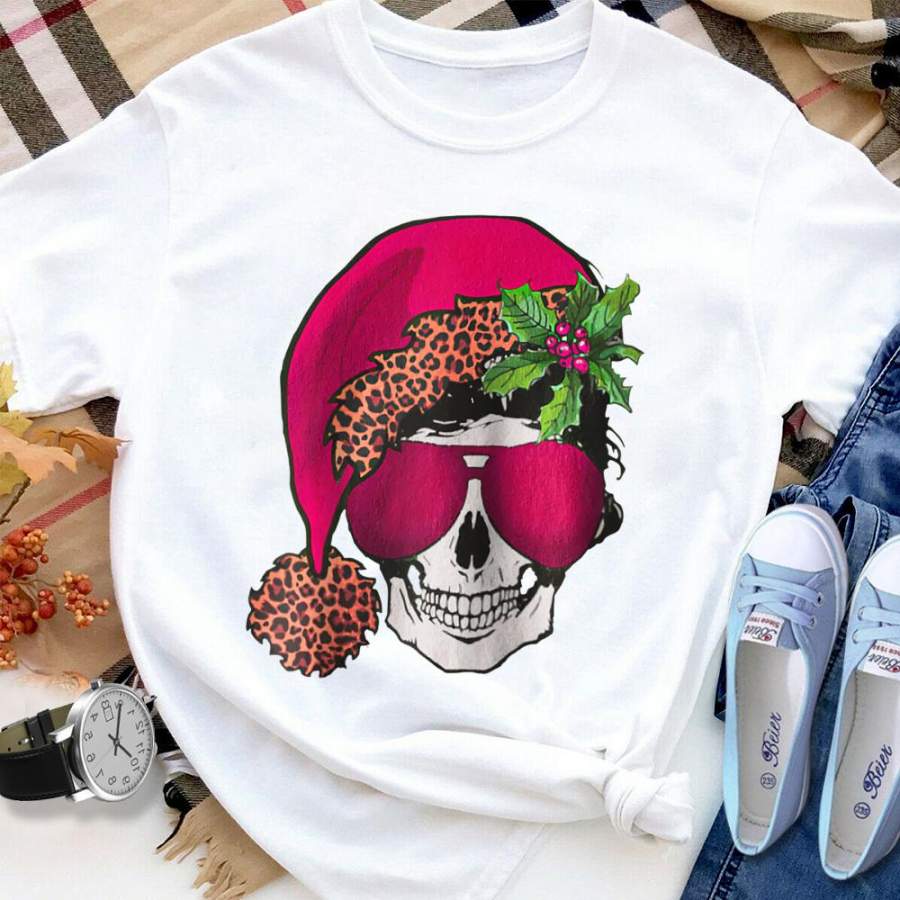 Skull girl santa hat leopard christmas gift white cotton t shirt for men and women S-6XL