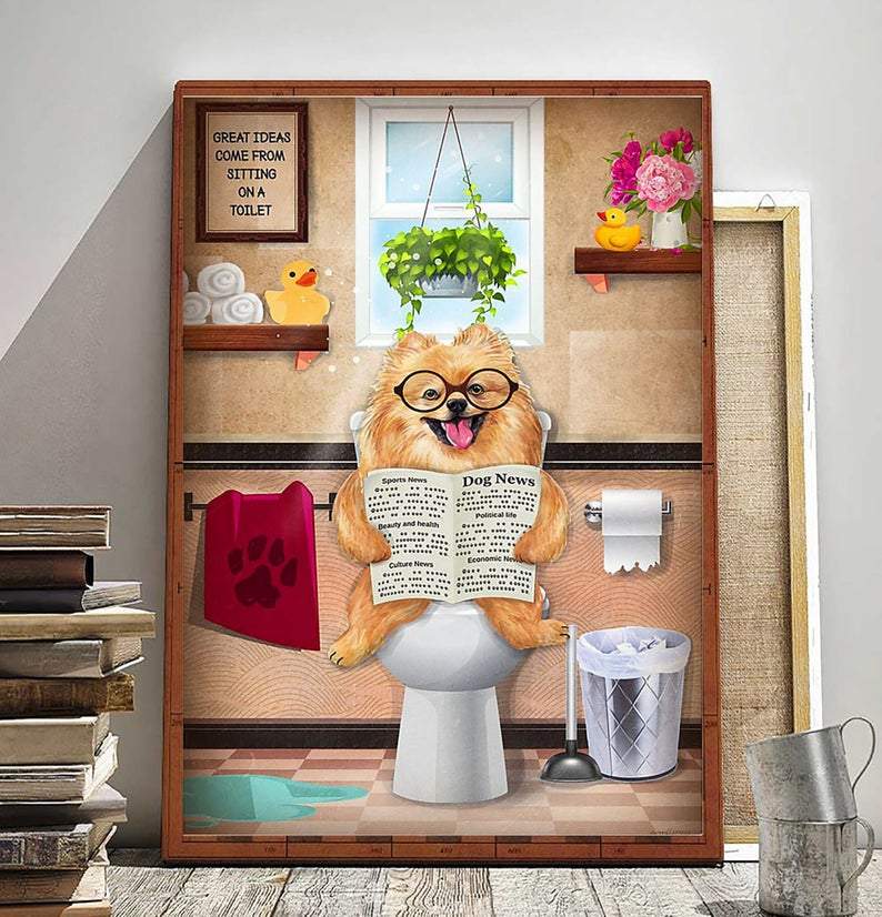 Pomeranian Puppy On The Toilet Paper Poster No Frame Matte Canvas Wall Decor