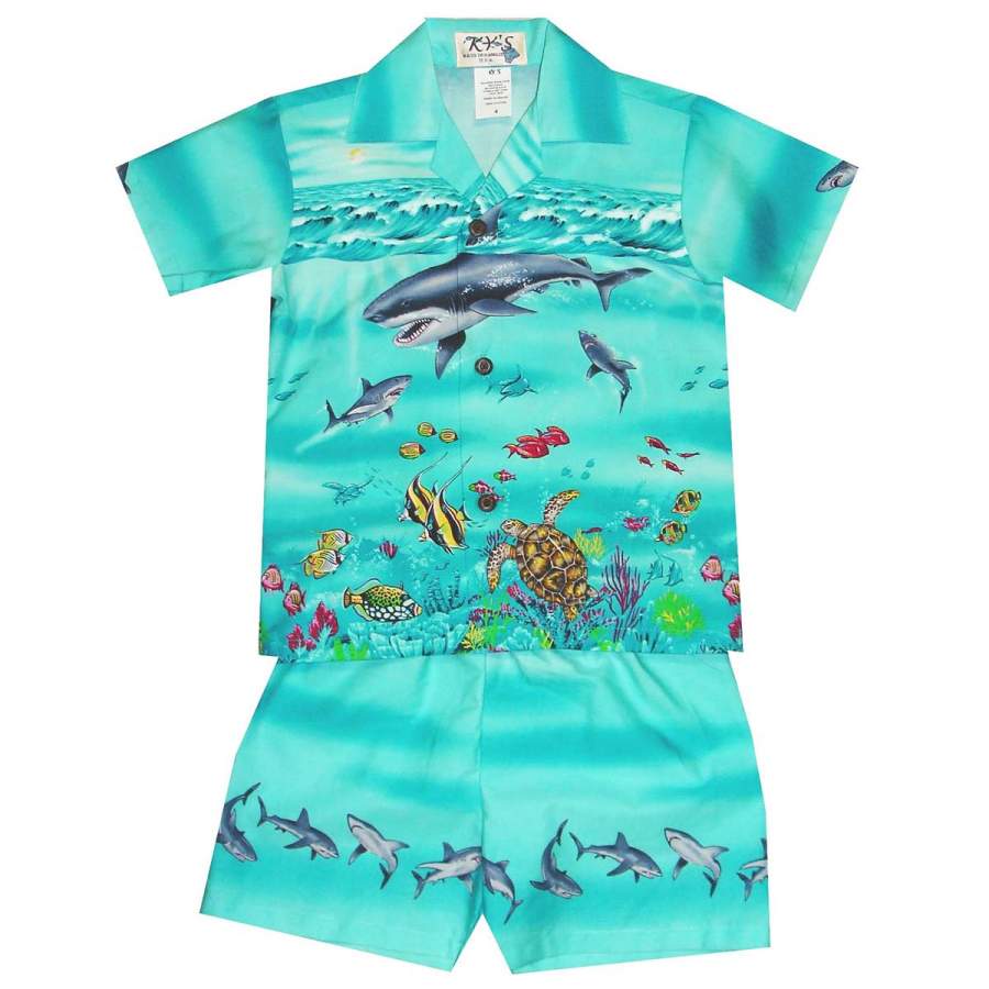 Shark Storm Blue Boy’s Hawaiian Shirt and Shorts