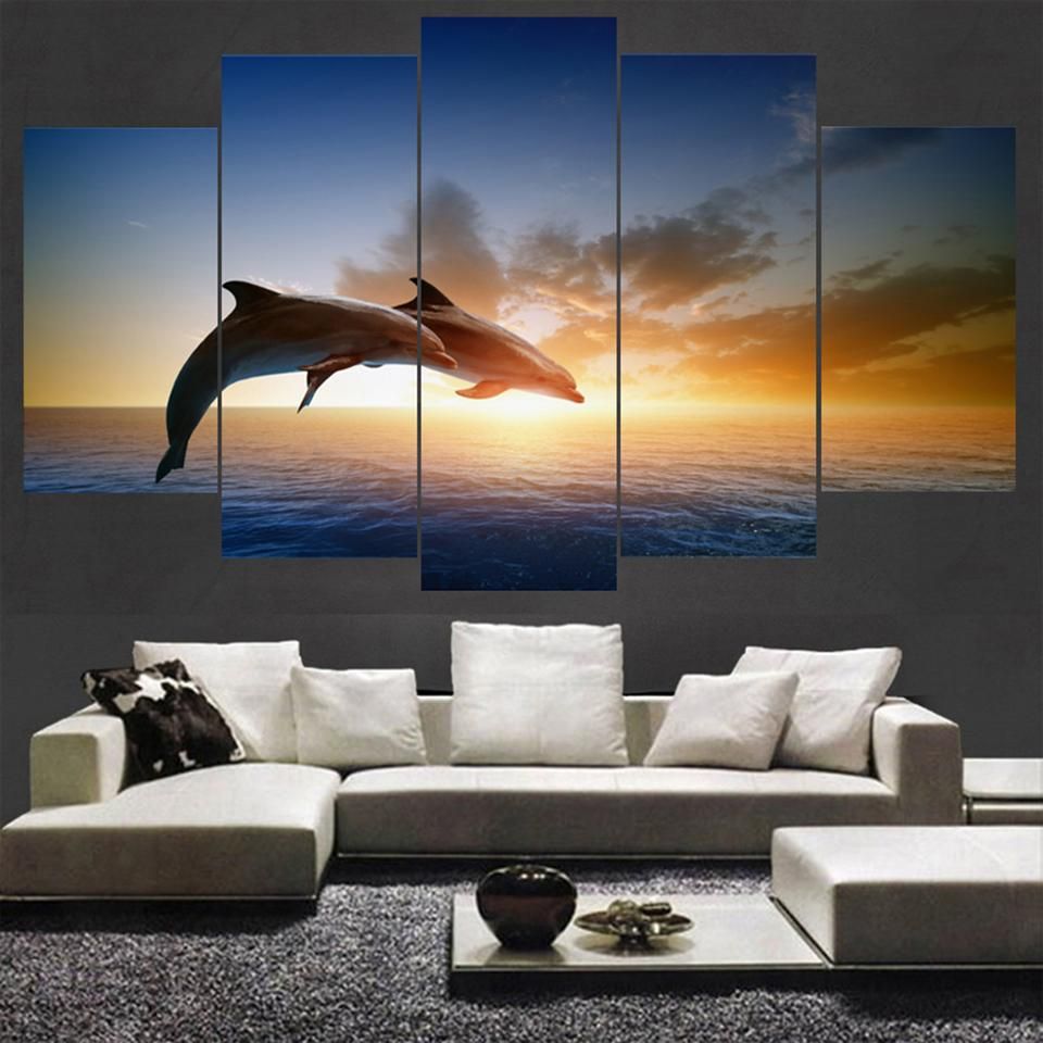 Animal Jumping Dolphins Animal 5 Panel Canvas Art Wall Decor