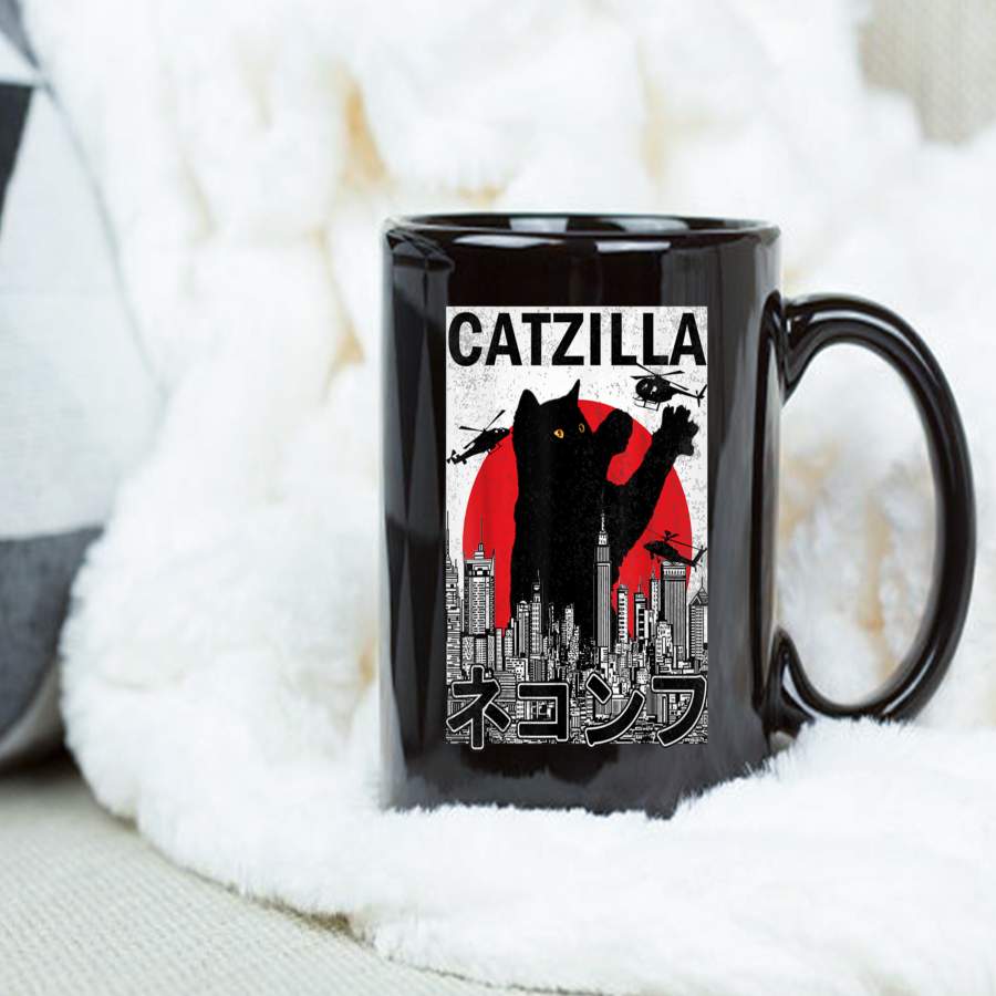 Coffee Mug Catzilla Japanese Sunset Style Cat Kitten Lover Mug – Black Mug