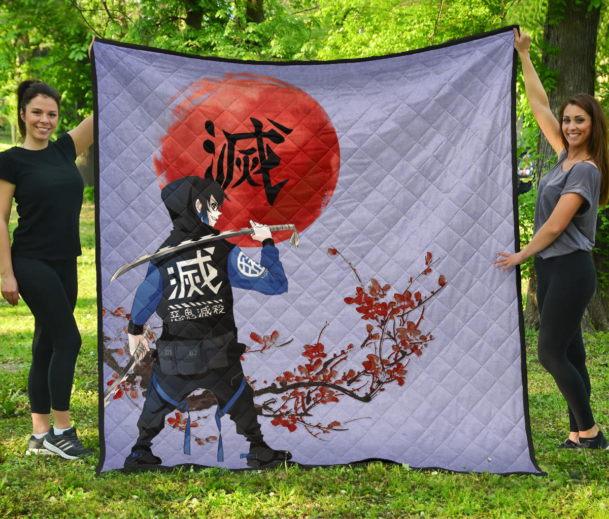 Demon Slayer Anime Inosuke Took Off Mask Wearing Clothes Blue Theme Premium Quilt Blanket