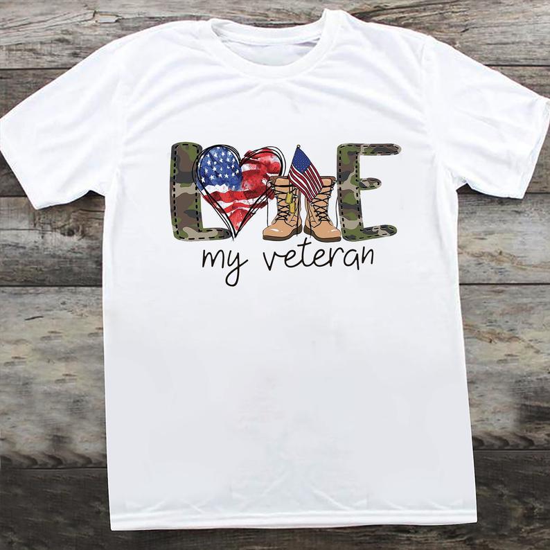 Love My Veteran Camouflage Pattern American Flag T Shirt Standard/Premium T-Shirt Hoodie