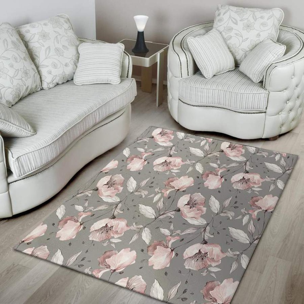 Grey Vintage Floral Print Area Rug