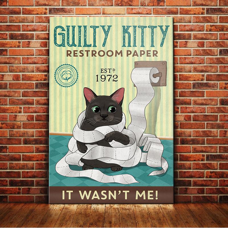 Black Cat Canvas And Poster Guilty Kitty Restroom Paper | Art Print | Home Decor | Room Decor | Wall Art