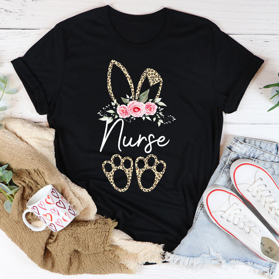 Easter Shirt Leopard Easter Bunny Nurse Happy Easter Day T-Shirt Funny Easter Gift For Girls And Women