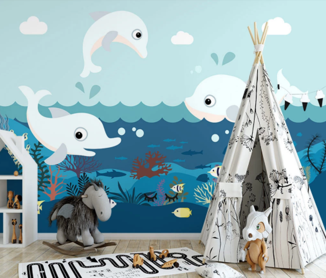 3D Cartoon Ocean White Dolphin Wall Mural Wallpaper Lqh 193