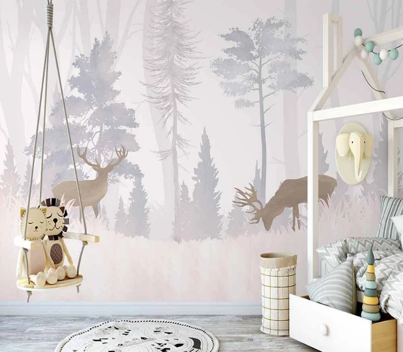 3D Hand Drawn Tree Plant Buck Animal Background Wall Mural Wallpaper Lxl