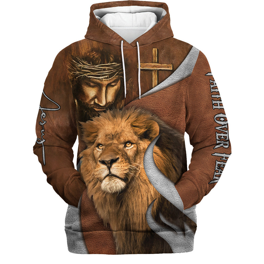 Faith Over Fear Lion And God Hoodies Men & Women Christian Hoodie 3D Printed Hoodie