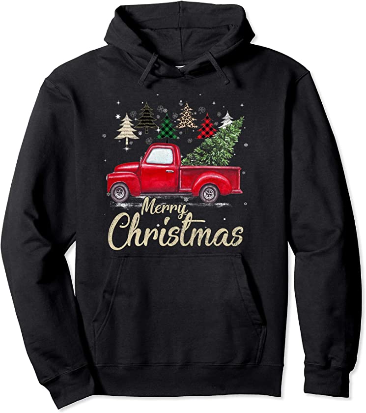 Chrismas Red Truck With Buffalo Plaid And Leopard Xmas Trees Pullover Hoodie