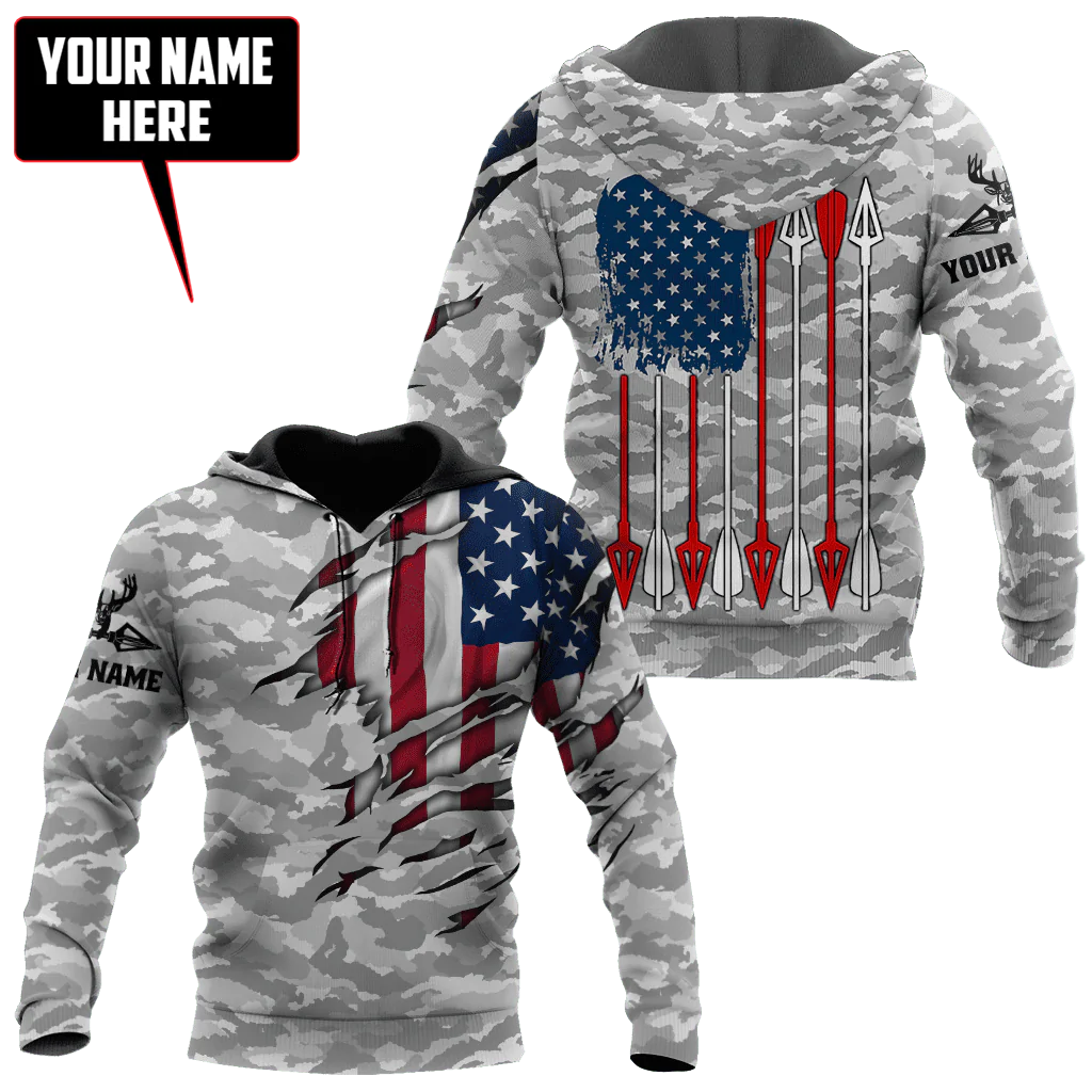 Custom Bow Hunting Hoodie, Bow Hunting American Flag Pattern On Hoodies Camo Pattern Hunting Hoodie