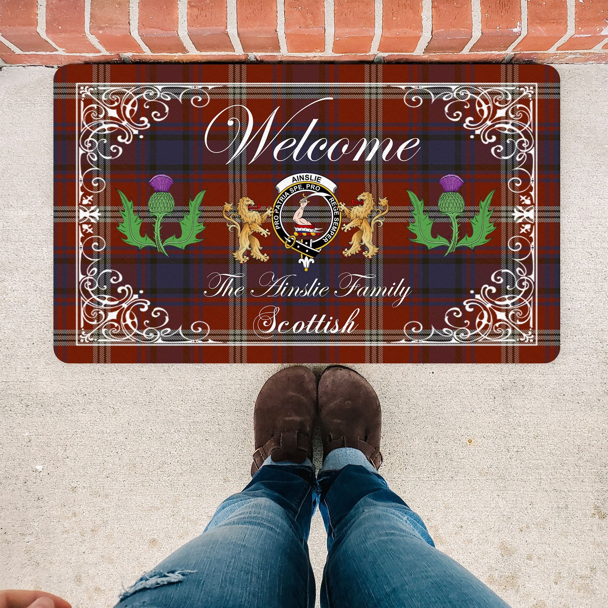 Scotstee Shop Tartan Door Mats Clan Ainslie Badge Tartan Thistle And Two Lion Scottish Plaid Doormat, Christmas Door Mat Gift