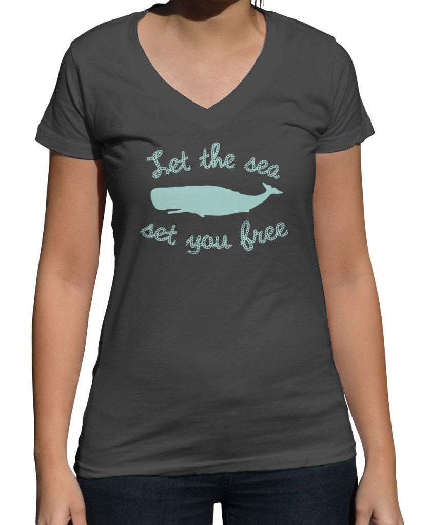 Women’S Let The Sea Set You Free Vneck Whale T-Shirt