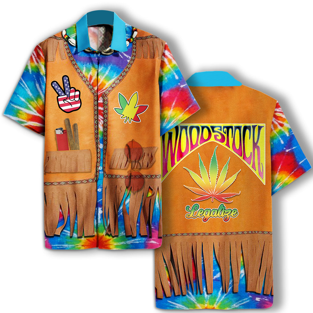 Hippie Hawaiian Shirt Woodstock Legalize Tie Dye Costume Aloha Ha3091