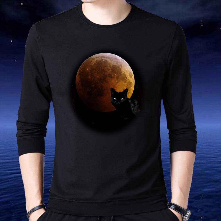 Halloween Hot Fashion Autumn and Winter Tshirt Black Cat Under the Red Moon Cool Men ‘s NEU Mystical Romance Design Printed Cotton Tees