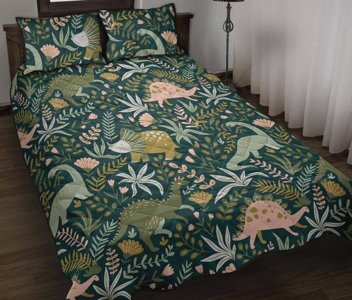 dinosaurs tropical leaves flower pattern Quilt Bed Set