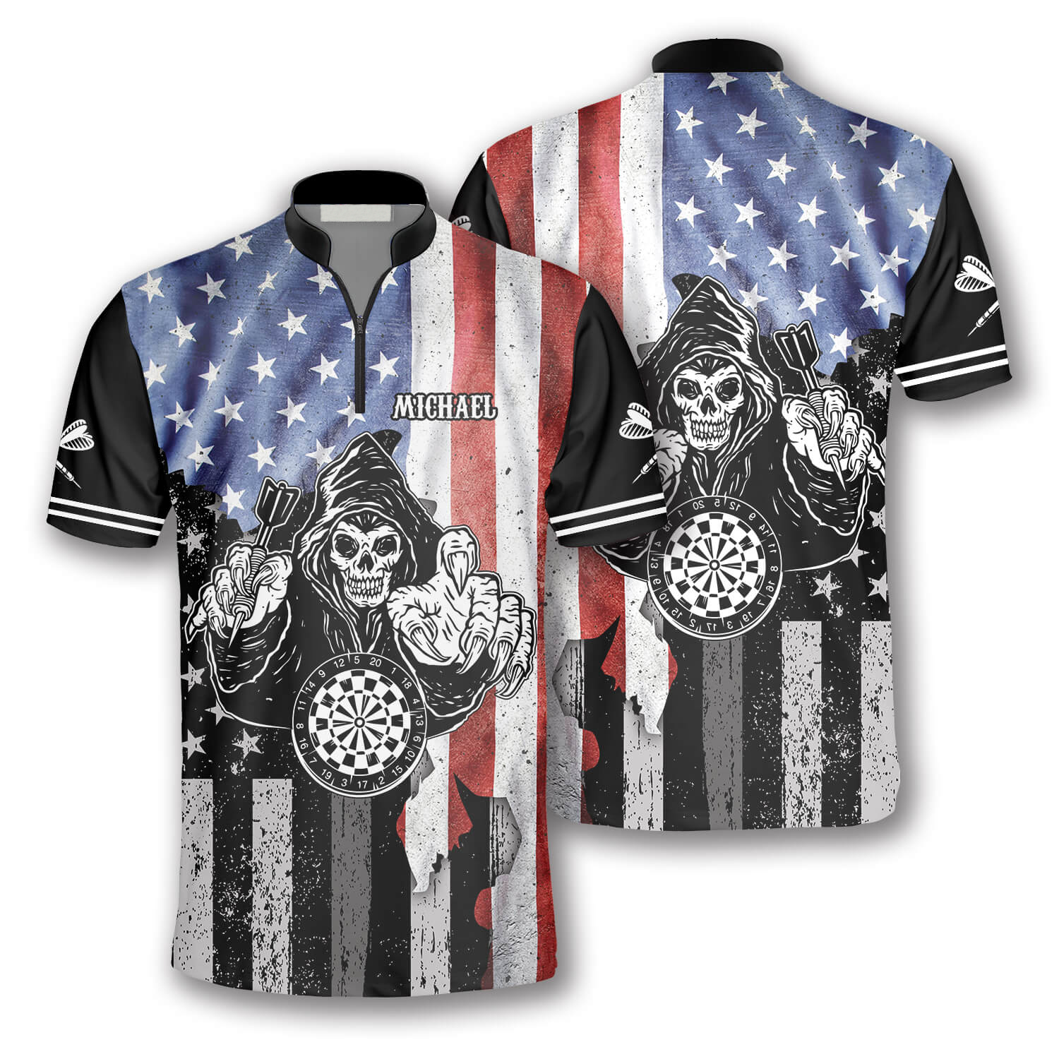 Grim Reaper American Flag Custom Darts Jerseys For Men, 3D All Over Print Dart Shirt, Skull Dart Shirt