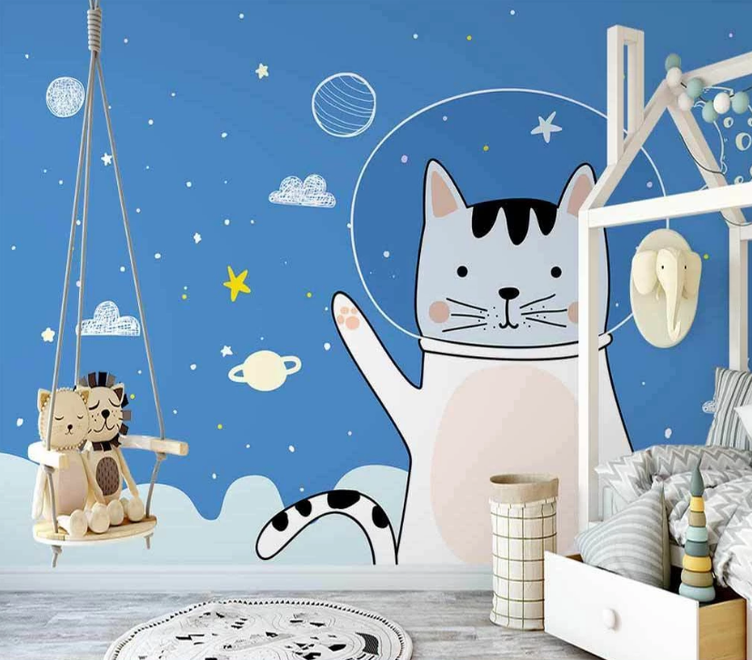 3D Cartoon Space Cat Animal Astronaut Planet Cloud Star Blue Wall Mural Wallpaper Lxl