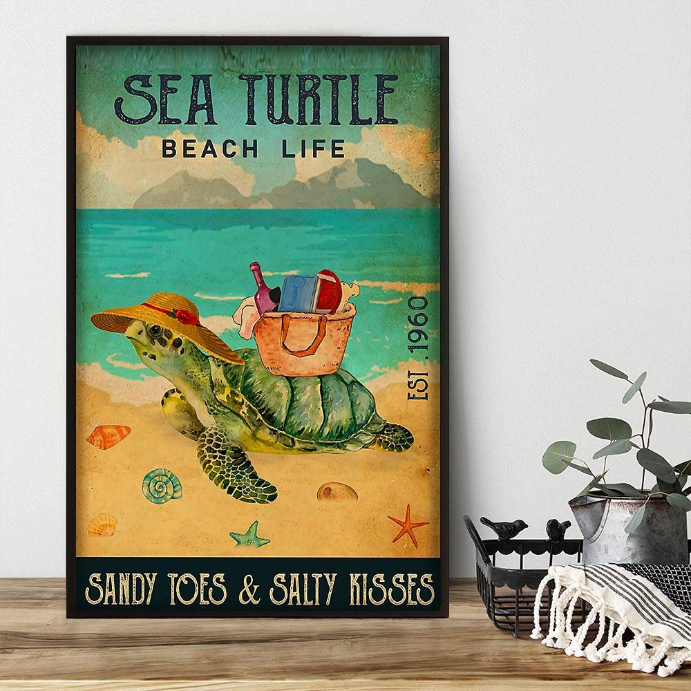 Turtle Relaxing On The Beach Poster – Sandy Toes And Salty Kisses Canvas Home Décor Gifts For Kids Children