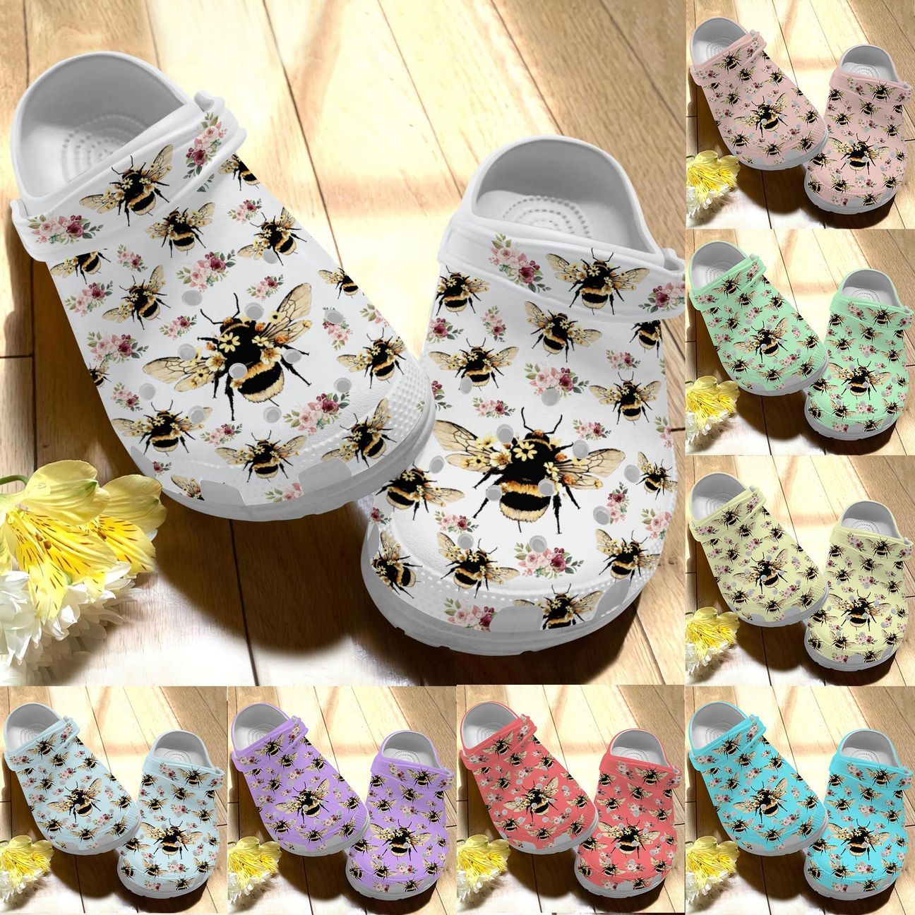 Bee Personalize Clog, Custom Name, Text, Fashion Style For Women, Men, Kid, Print 3D Whitesole Bee Flower