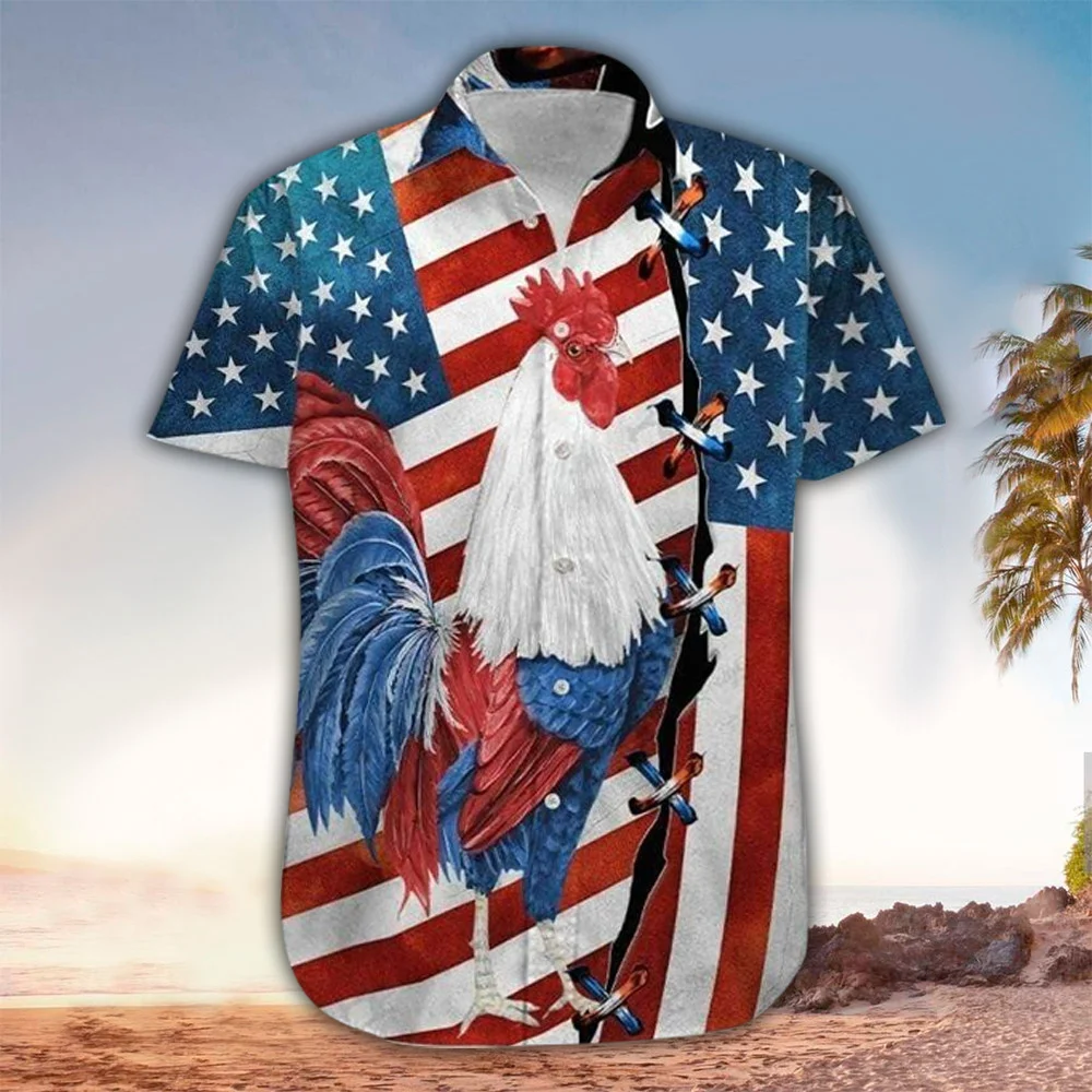 Rooster American Flag Hawaii Shirt For Men Women Of July Button Down Aloha Ha27217