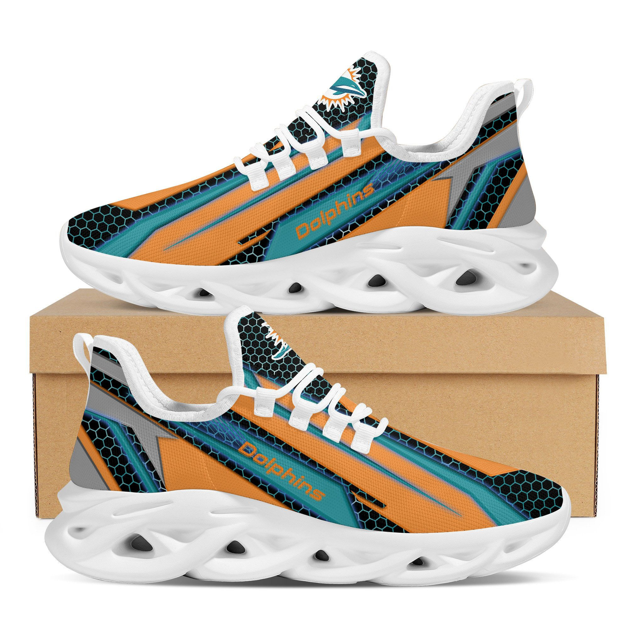 Miami Dolphins Geometric Hexagon Design Trending Max Soul Clunky Sneaker Shoes For Mens Womensamerican Football Team Fans