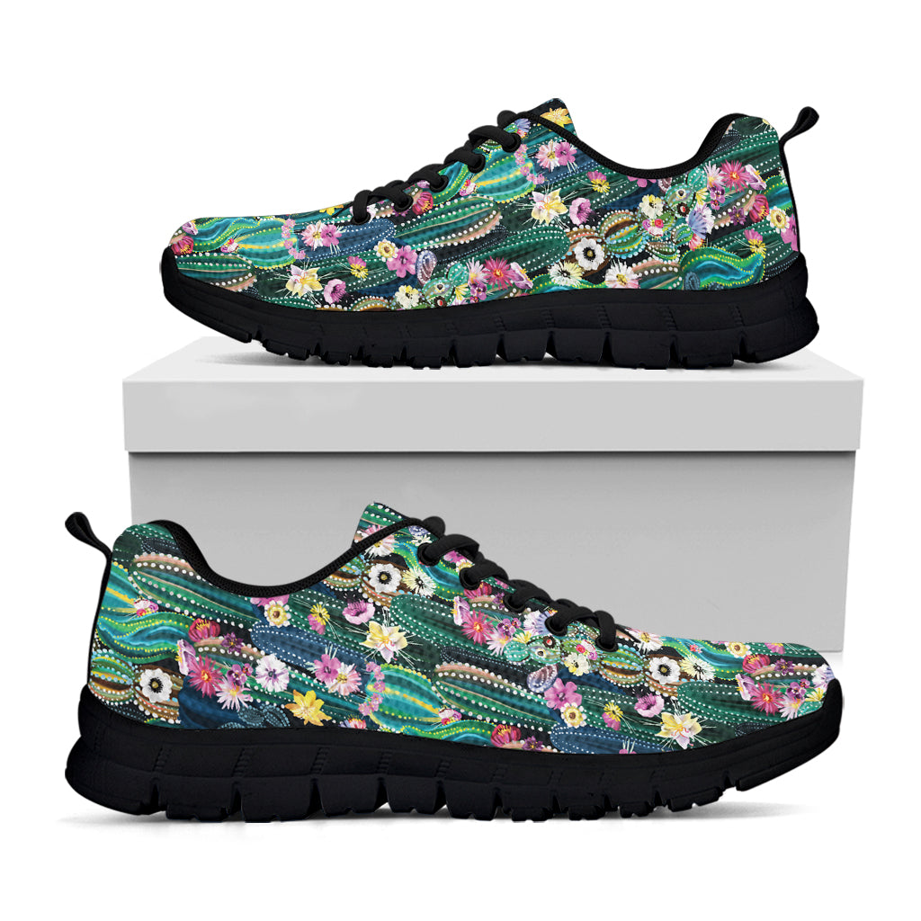 Watercolor Blooming Cactus Print Black Sneakers