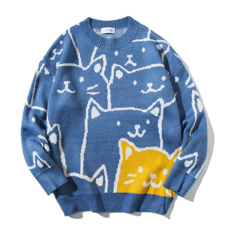 Cute Cartoon Cat Sweater for Women O-neck Knitted Men’s Autumn Winter New Loose Fit Couple Pullovers Lady Knit Coat alx