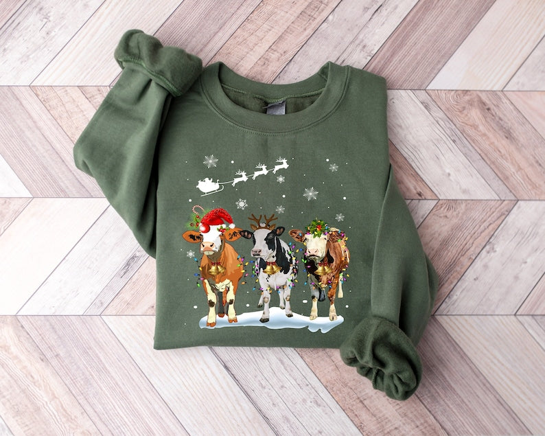 Cow Lights Christmas Sweatshirt 2D Crewneck Sweatshirt All Over Print Sweatshirt For Women Sweatshirt For Men Sws5077