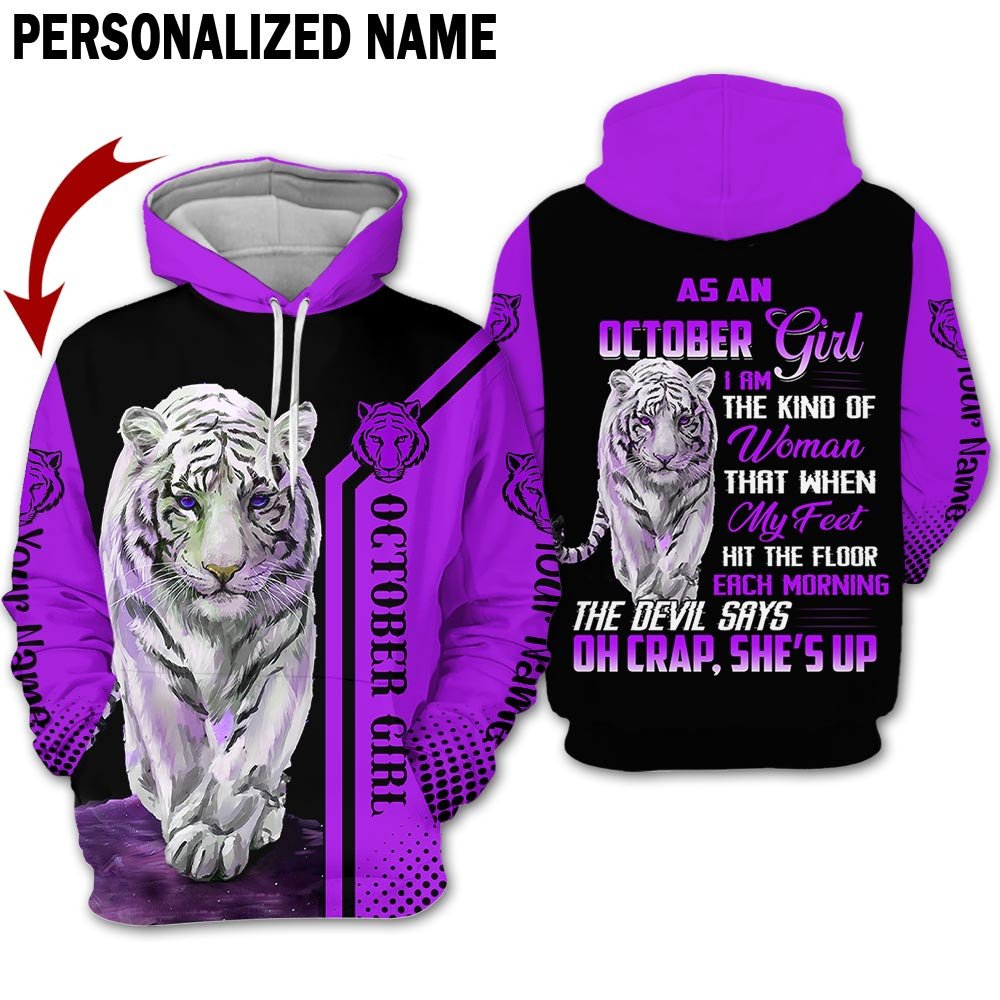 Personalized Name Birthday Outfit October Girl Tiger Purple She Up All Over Printed Birthday Shirt