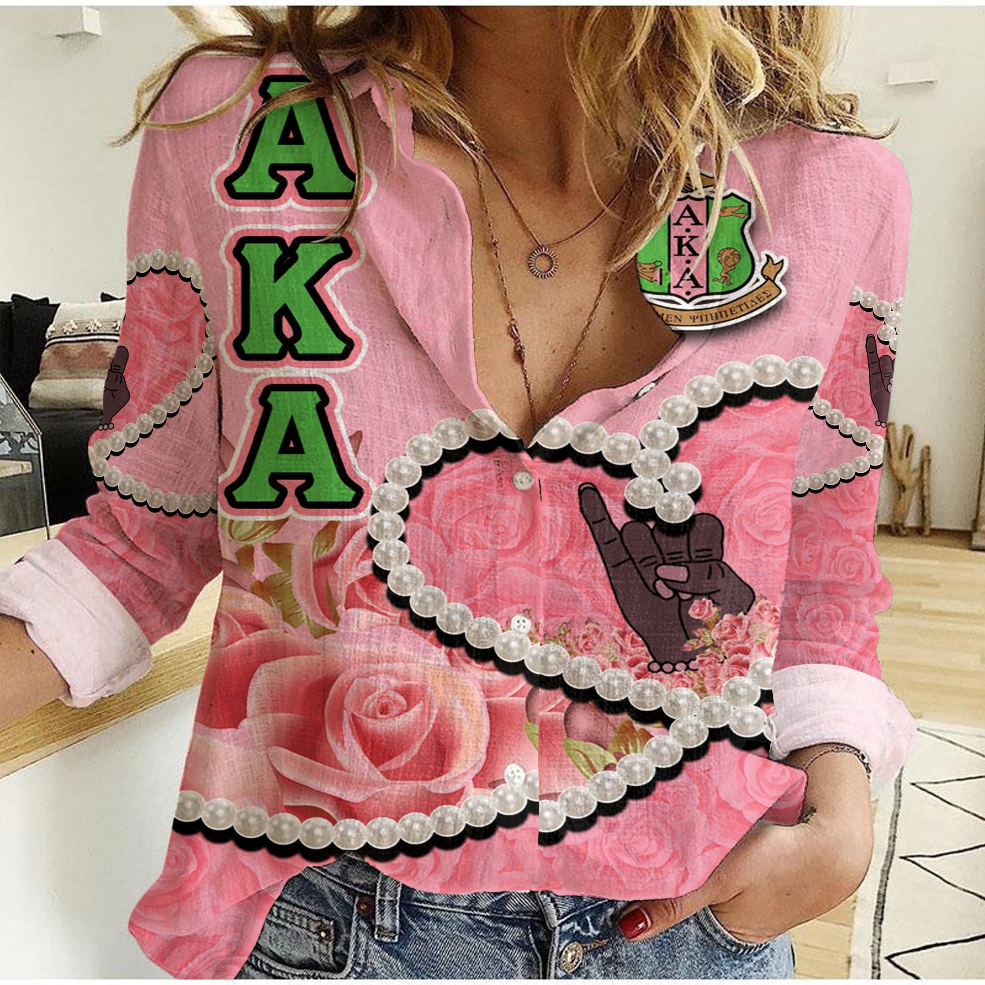 Alpha Kappa Alpha Women Casual Shirt Rose Patterns