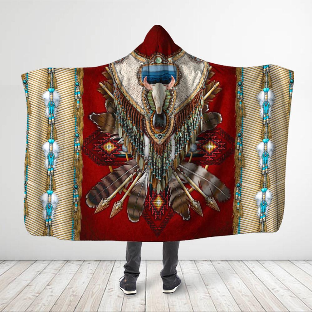 Native American Style 3D All Over Printed Buffalo Skull With Feathers – Hooded Blanket