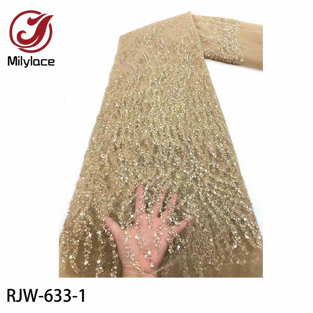 2021 Luxury Handmade Embroidery Sequence Beaded Lace High Quality Africa French Tulle Sequins Lace Fabric for Party RJW-633 alx