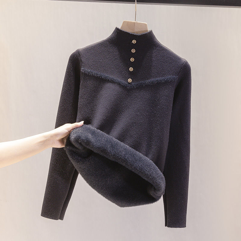 Velvet Pullovers Solid Color Soft Mock Neck Plush Bottoming Shirts Women’s Autumn Winter Knitted Tops Casual Sweaters Jumpers alx