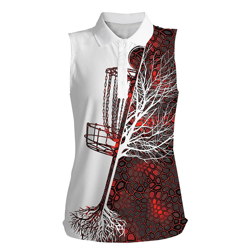 Womens Disc Golf Sleeveless Polo Shirt Red Camo Disc Golf Basket, Sleeveless Disc Golf Tops Shirts