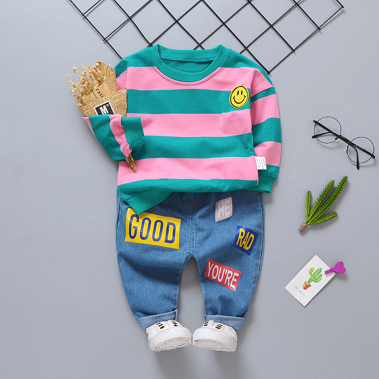 2021 Autumn Baby Clothes Children Boy Girl Sport Striped Smiling Face Tops Patch Jeans 2Pcs/sets Toddler Clothing Kids Tracksuit alx