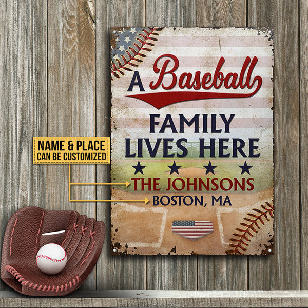 Personalized Stars & Stripes Baseball Family Lives Here Custom Classic Metal Signs