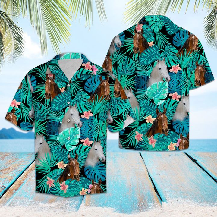 Arabian Horse Green Tropical Hawaiian Shirt Summer Button Up For Men, Women, Couple