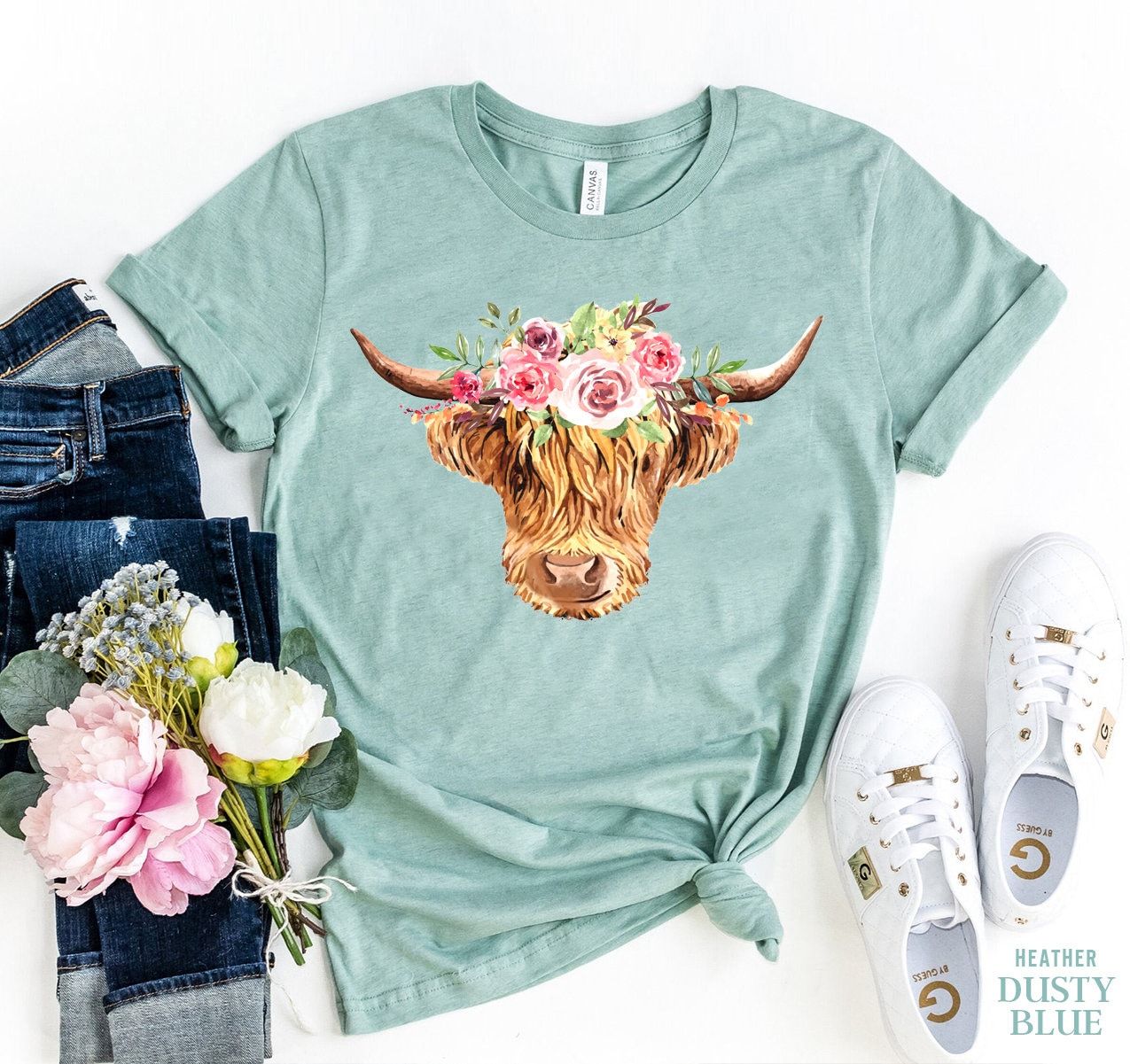 Highland Cow T-Shirt, Cow Shirt, Cow With Flowers Tshirt, Funny Cow Shirt, Farm Tee, Boho T-Shirt, Country Farm Shirt, Gift For Girlfriend