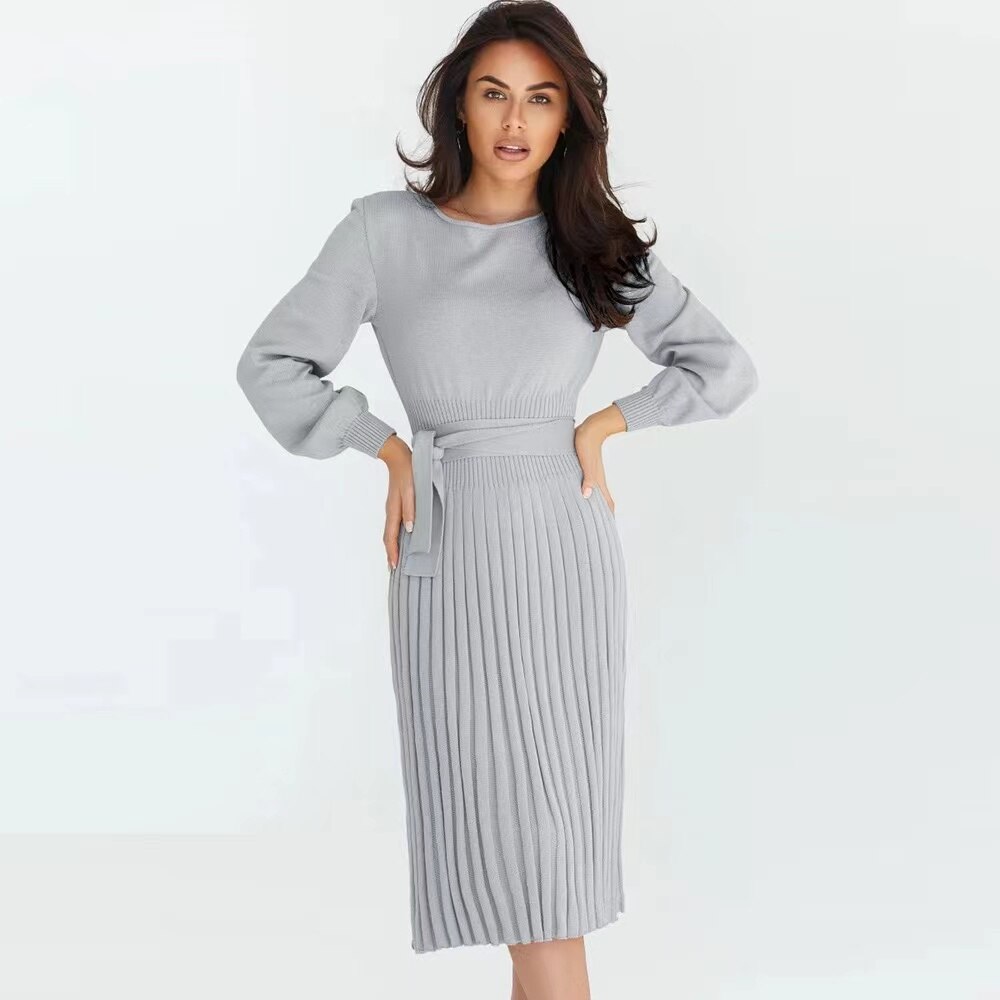 Women Dress 2022 New Fashion Round Neck Long Sleeve Autumn/Winter Knitted Dress Slim Pleated Mid-length Bottoming Sweater Skirt alx