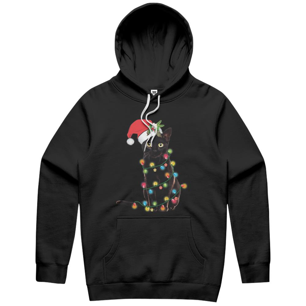 Black Santa Cat Tangled Up In Lights Christmas Santa Hoodie