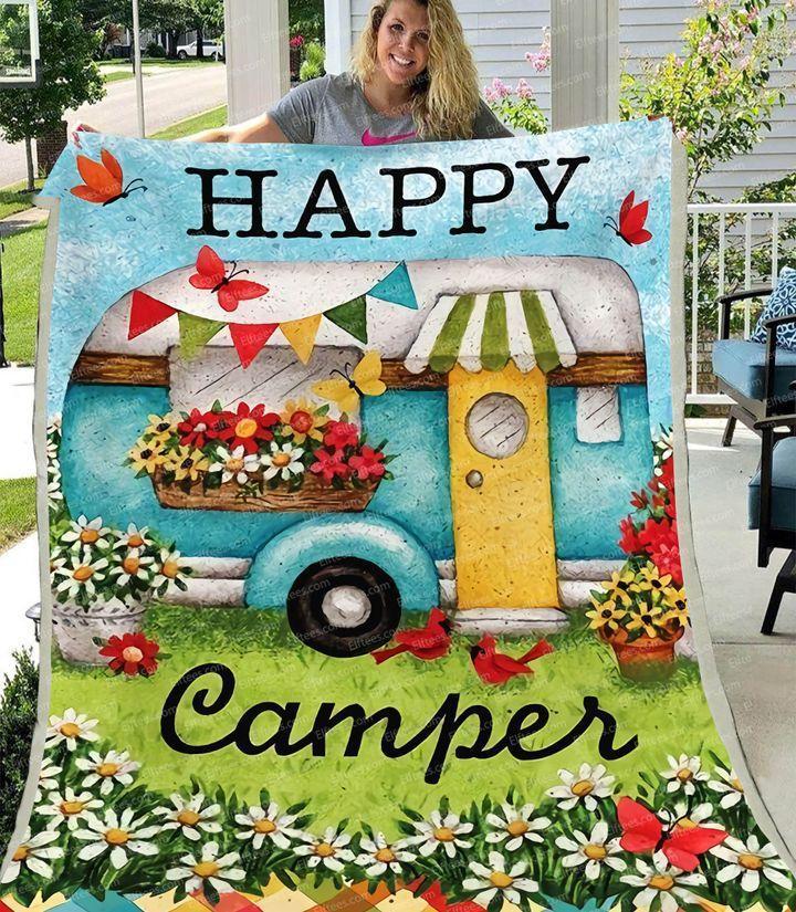 Happy Campers Camping Flower Fleece Blanket Print 3D, Unisex, Kid, Adult