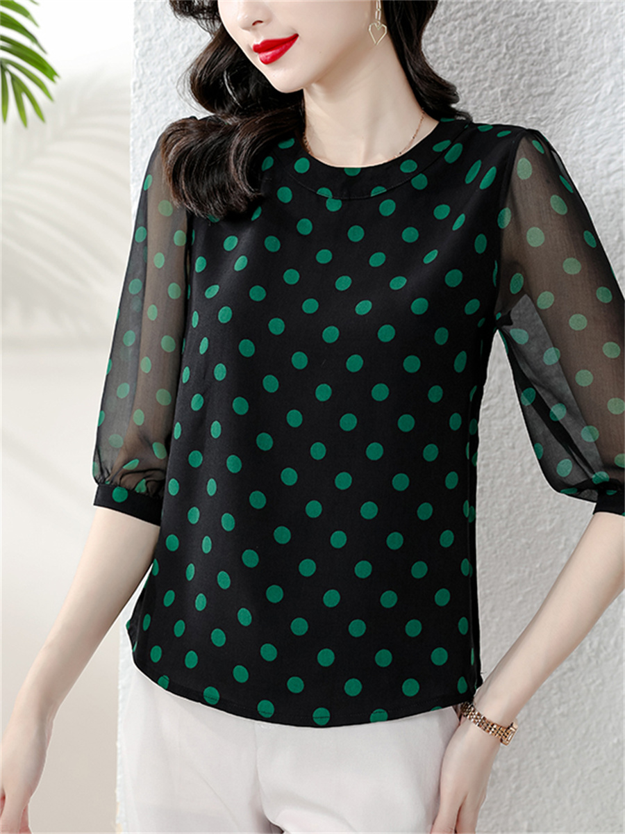 Women Spring Summer Style Blouses Tops Lady Casual Hafl Sleeve O-Neck Polka Dot Printed Blusas Tops DF4461 alx