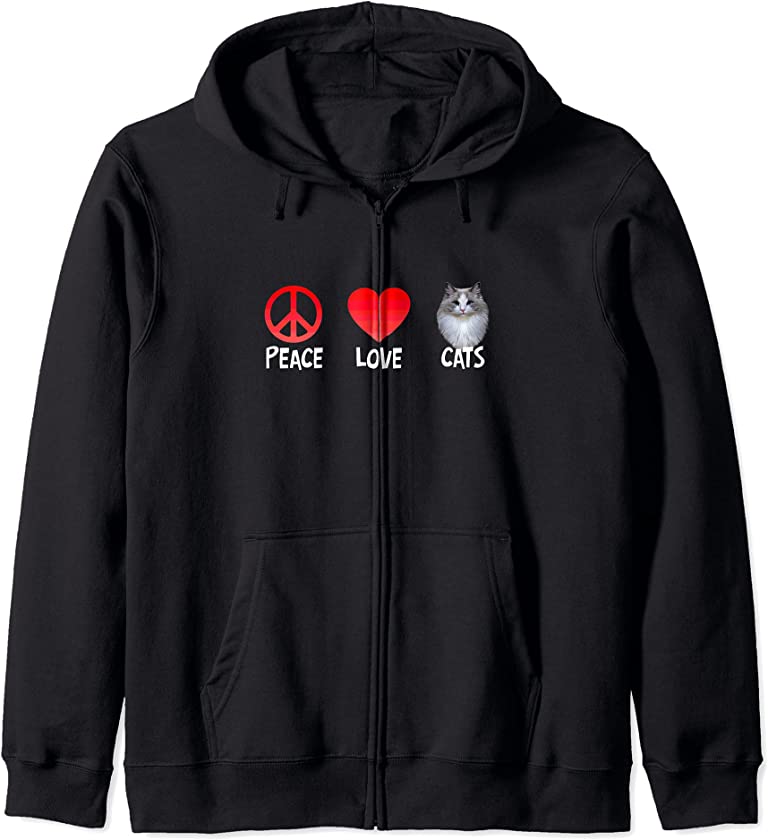 Peace Love Cats Feline Lovers Kitten Adorable Kitty Novelty Zip Hoodie