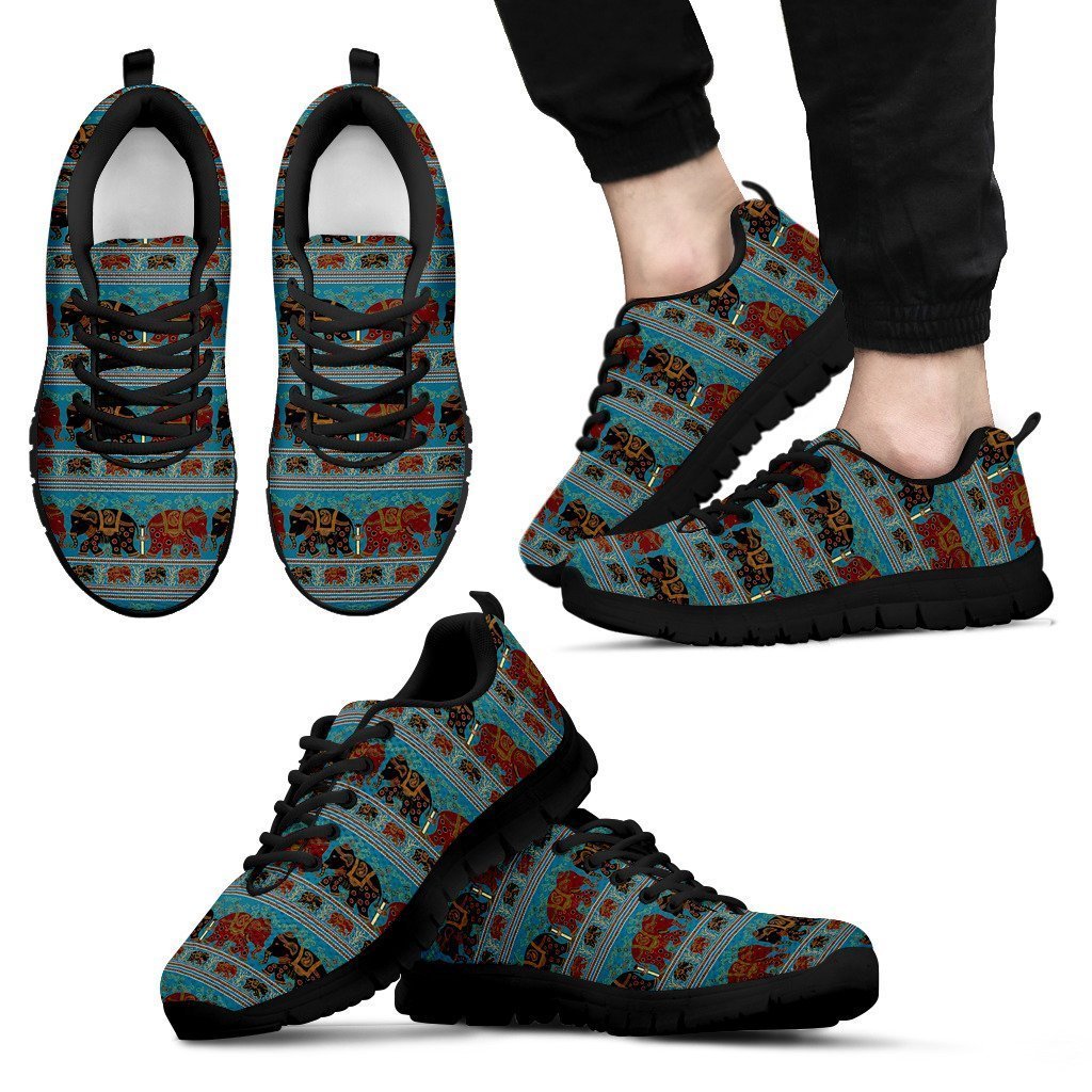 Tribal Elephant Print Black Sneakers, Personalized Shoes Custom Name, Text For Women, Men