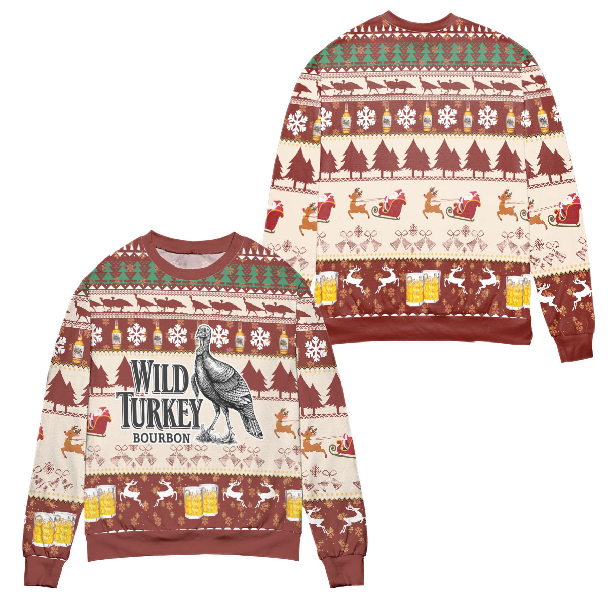Wild Turkey Bourbon Snowflake Pattern Ugly Christmas Sweater – All Over Print 3D Sweater