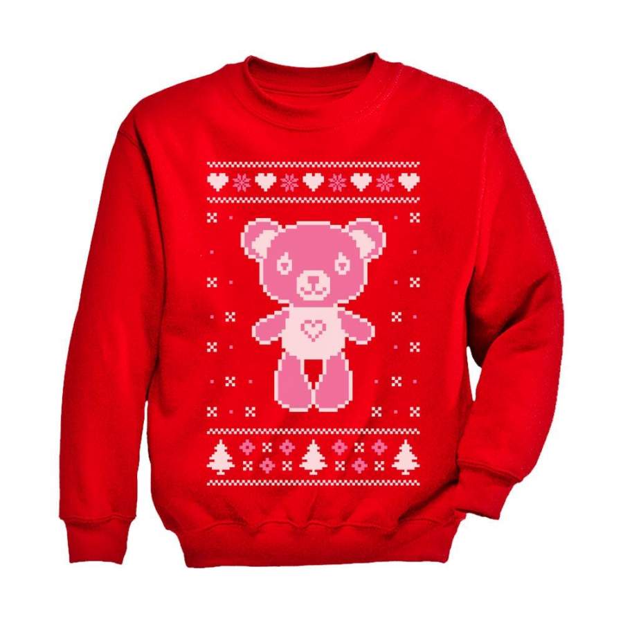 Big Pink Furry Bear Doll – Cute Ugly Christmas Sweater Youth Kids Sweatshirt