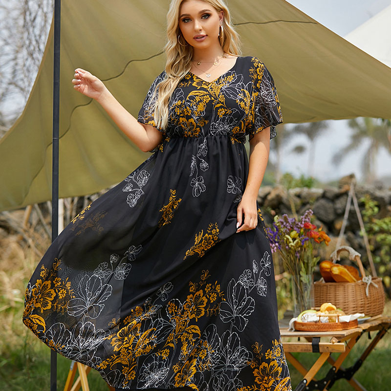 2022 New Ladies Plus Size Fashion Gold Flower Print Casual V-Neck Dress Short Sleeve Waist Swing Holiday Party Dress XL-5XL alx