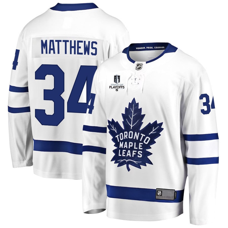 Auston Matthews 34 Toronto Maple Leafs Stanley Cup 2023 Playoffs Patch Away Breakaway Men Jersey – White